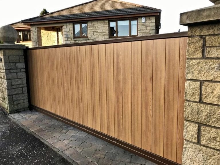 New Automatic Wood Effect Aluminium Cantilever Sliding Gate Fife · AES